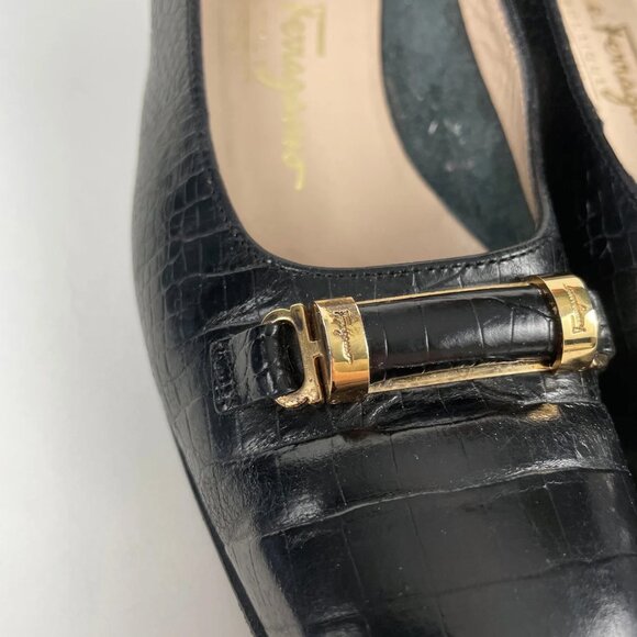 Salvatore Ferragamo 1980s Vintage Black Embossed Leather Pumps Sz 6.5 A - Picture 5 of 8